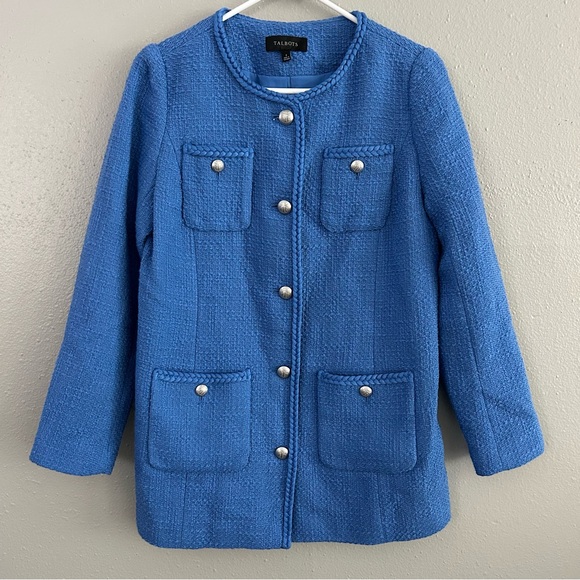 Talbots Tweed Topper Coat 2 Blue Braided Trim Patch Pockets Preppy Old Money NWT